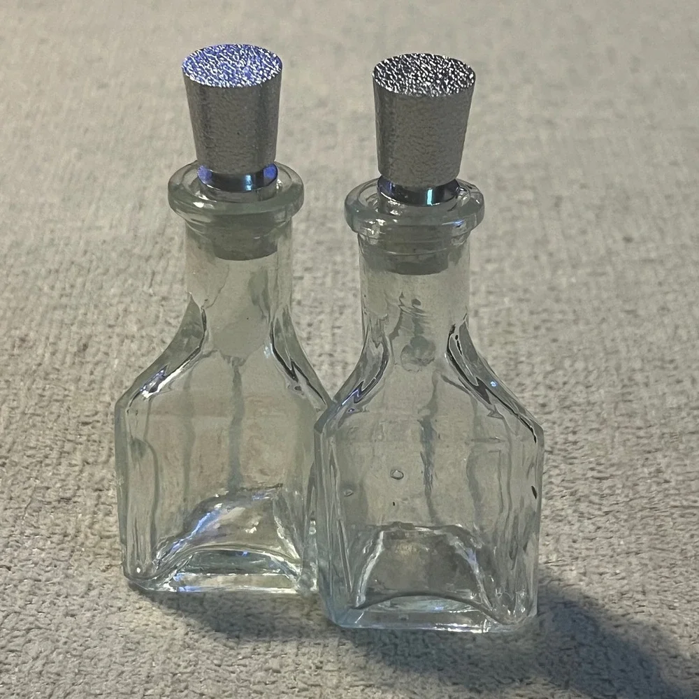 Vintage 5 Piece Glass Cruet Set with Metal Caddy Salt Pepper Oil Vinegar Mustard